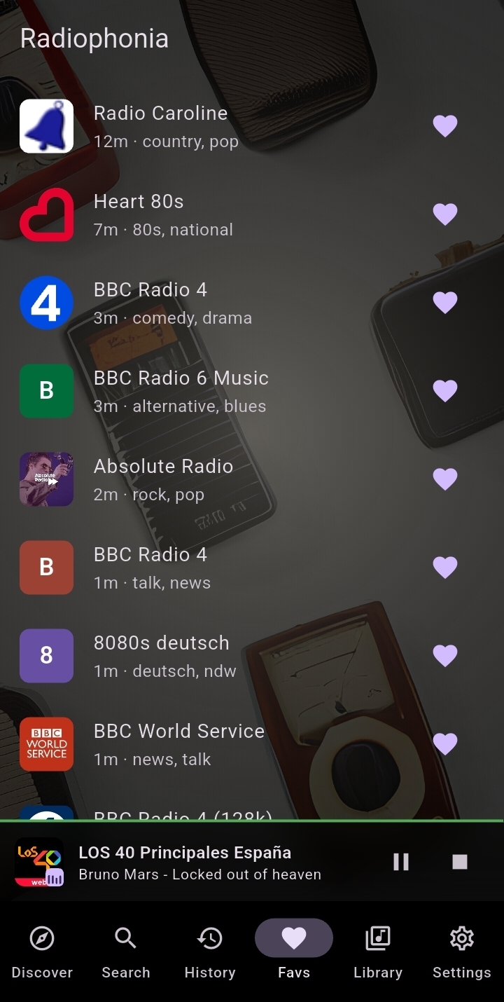 Favourites screen showing saved stations with logos, genres, and listening time